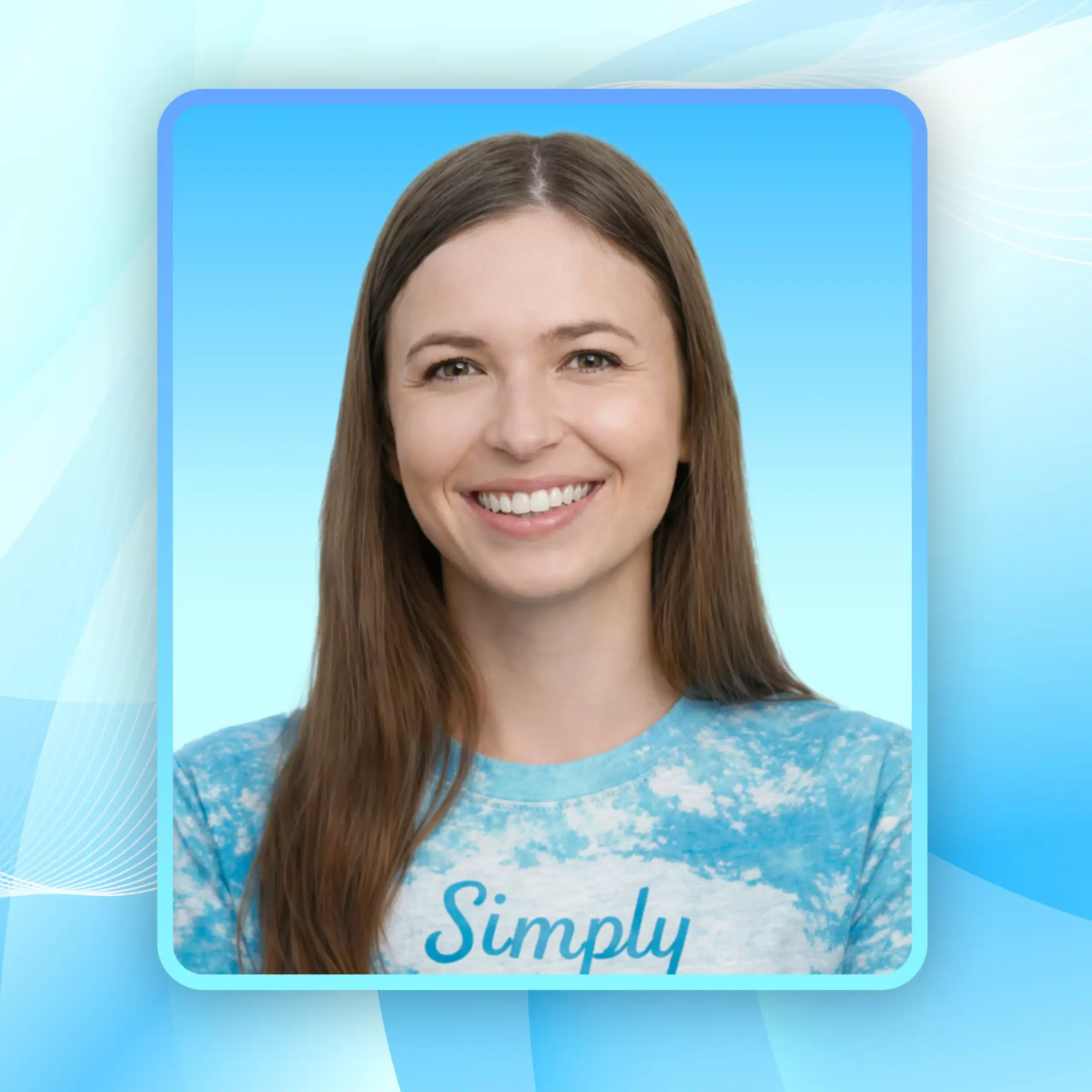 Smiling female cleaning technician in a blue Simply Maid shirt, representing the dedicated team committed to high cleaning standards.