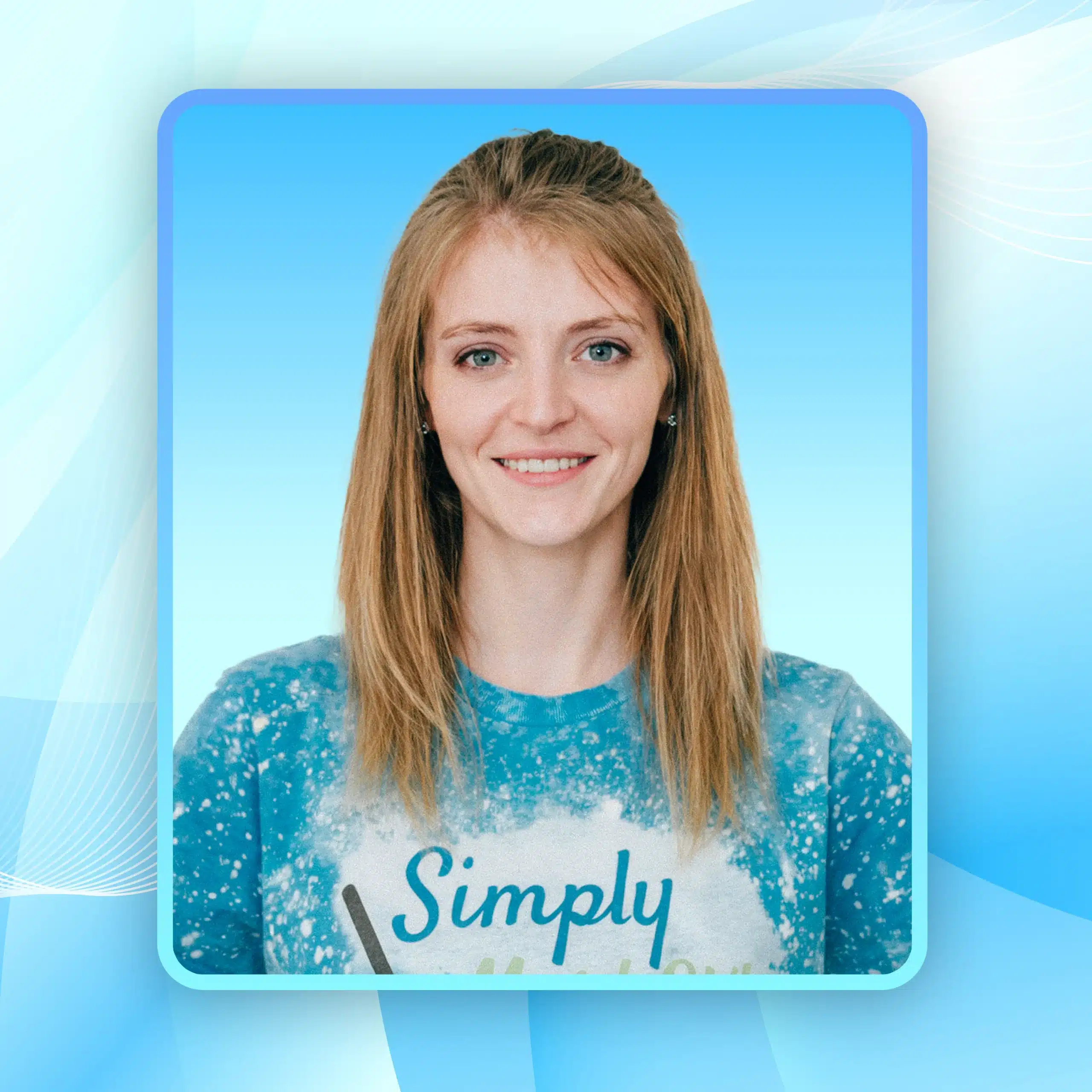 Alexa, cleaning technician at Simply Maid, wearing a blue shirt with the company logo, smiling against a light blue background.