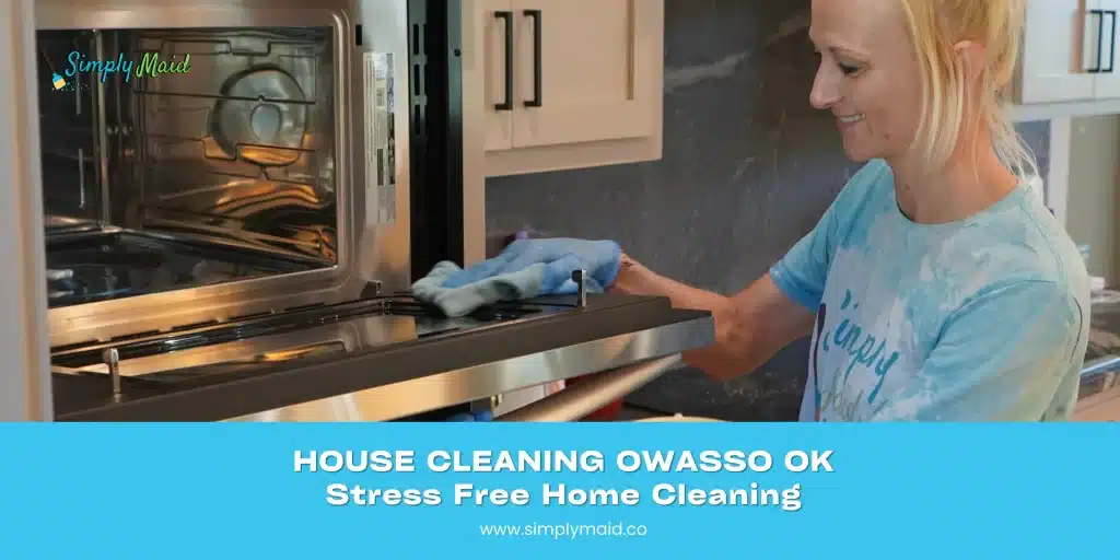 Woman cleaning a kitchen appliance, promoting house cleaning services in Owasso, OK, with a focus on stress-free home cleaning.