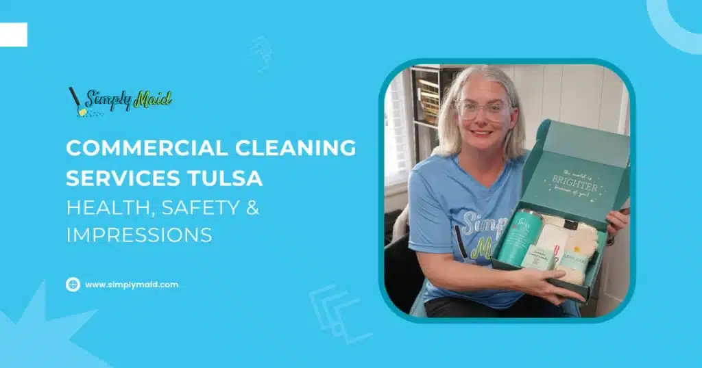 Woman in Simply Maid t-shirt holding a cleaning product box, promoting commercial cleaning services in Tulsa focused on health and safety.