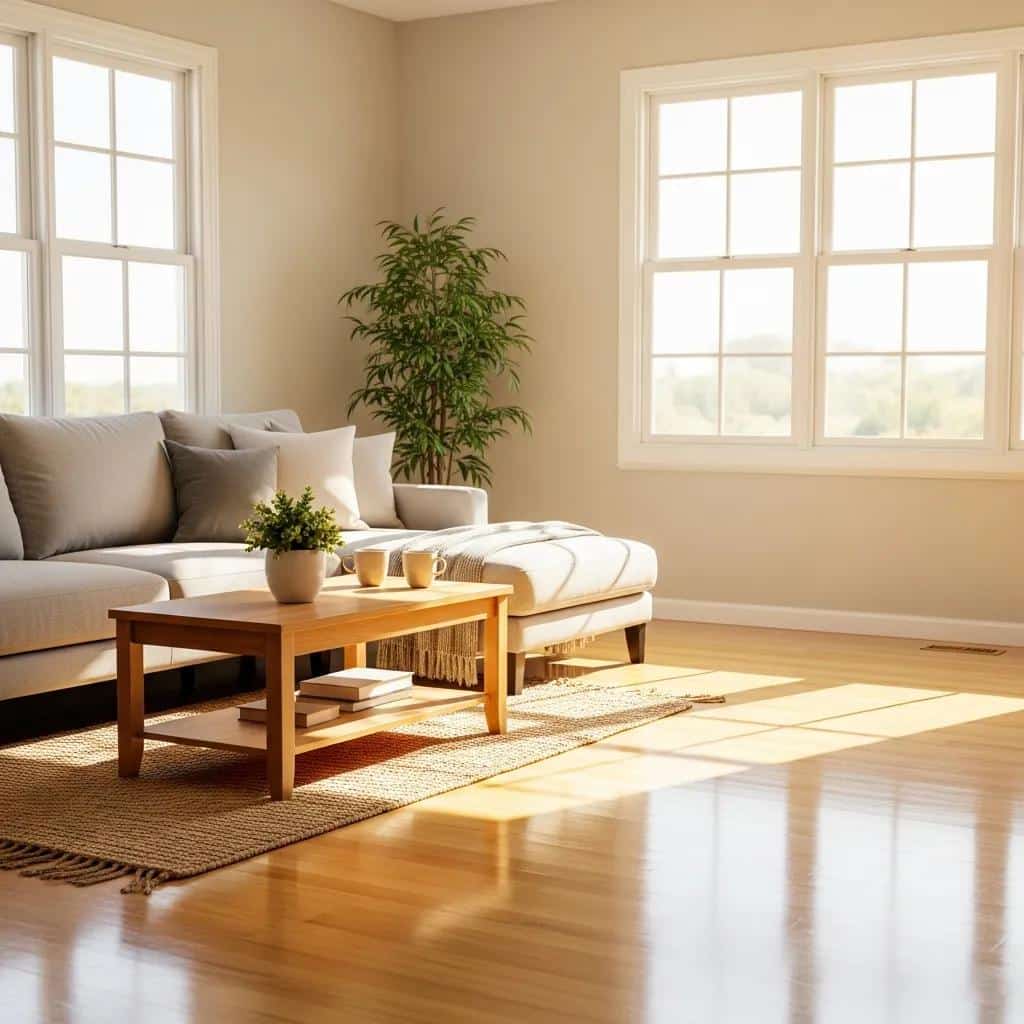 Clean and organized living room with a cozy sofa, wooden coffee table, decorative plant, and natural light streaming through large windows, representing move-in and move-out cleaning services.