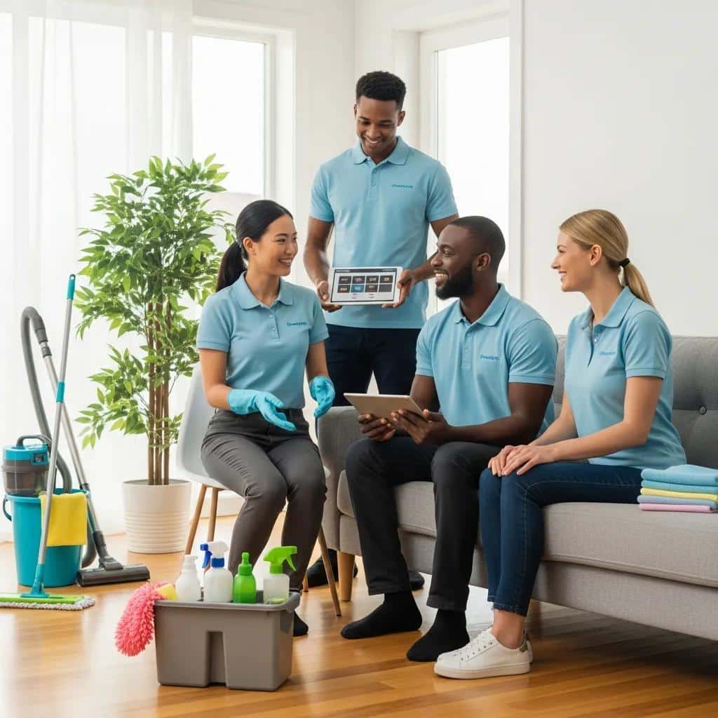 Cleaning team consulting with a client about move-out cleaning services, featuring cleaning supplies and equipment in a well-lit living space.