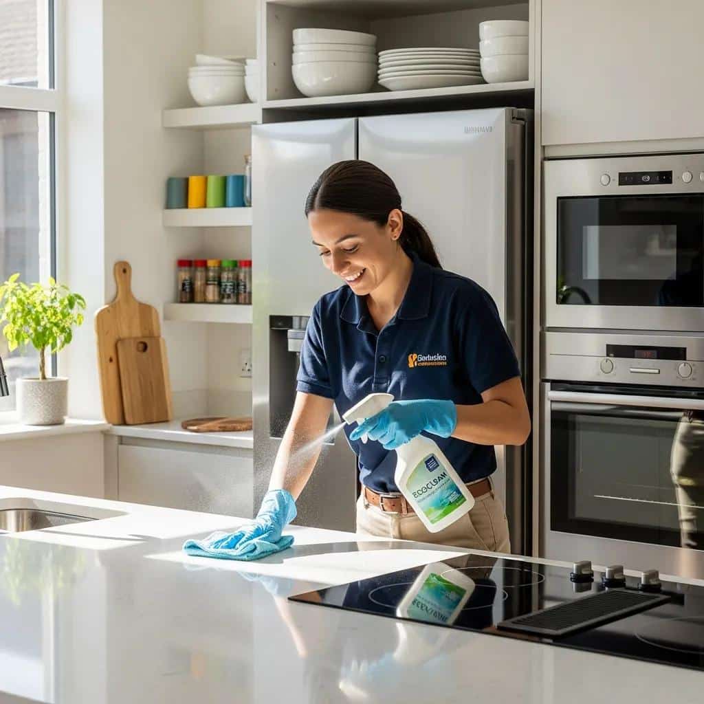 Professional cleaner using eco-friendly products to clean a modern kitchen countertop, showcasing a bright and organized space, emphasizing move-in and move-out cleaning services.