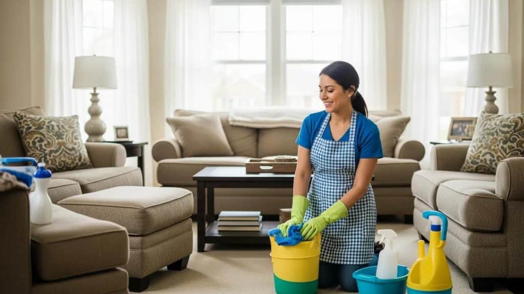 Professional cleaner in a blue shirt and apron using cleaning supplies in a bright, tidy living room, emphasizing reliable move-out cleaning services in Tulsa.