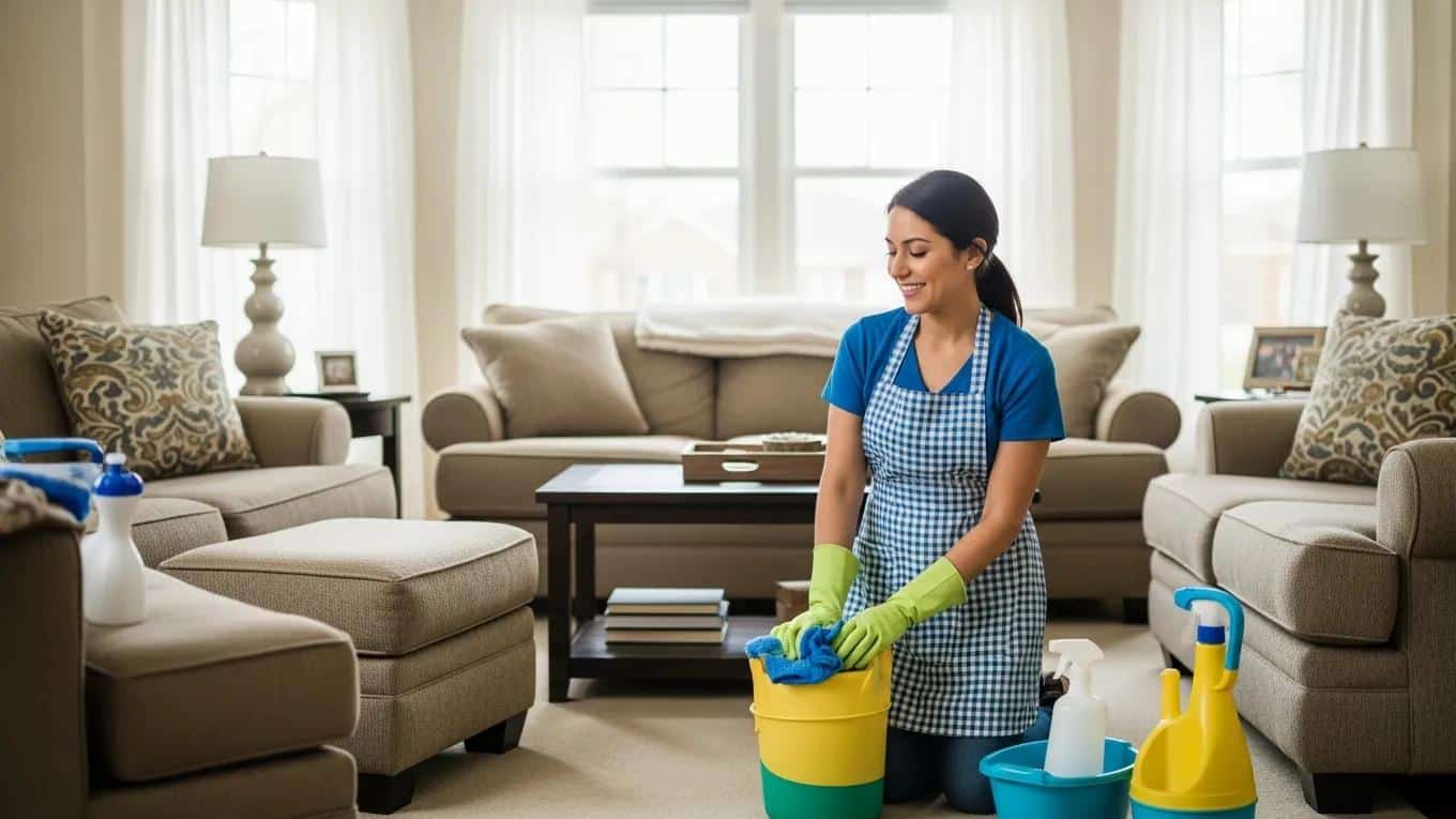 Professional maid in a clean Tulsa home, using cleaning supplies and a bucket, demonstrating the value of residential cleaning services.